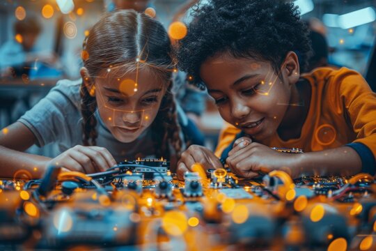 Two children immersed in a technological learning experience with glowing circuit boards in a robotics class
