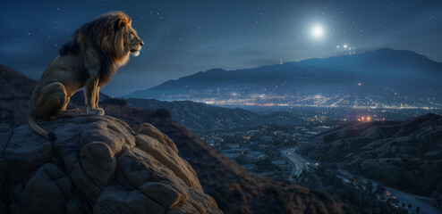 Lion predator sitting on a rock evening moon