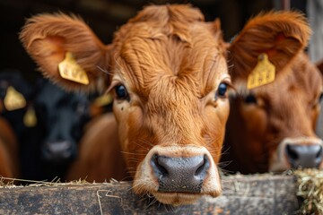 A close-up of a cow's face with tagging on ears, staring directly into the camera, denoting curiosity and farm life