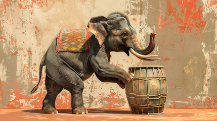 A cartoon elephant is playing with a drum