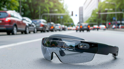 A pair of glasses with a reflective lens sits on the road