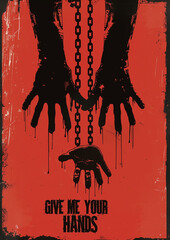 A poster with hands and chains and the text "Give me your hands".Minimal creative emotional concept of connection and rescue.





