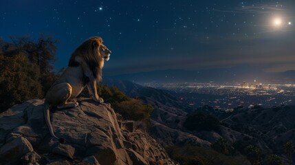 Lion predator sitting on a rock evening moon