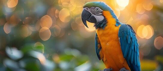 A vibrant blue and yellow macaw parrot perched on a tree branch, showcasing its colorful feathers, beak, and wings in the wildlife habitat