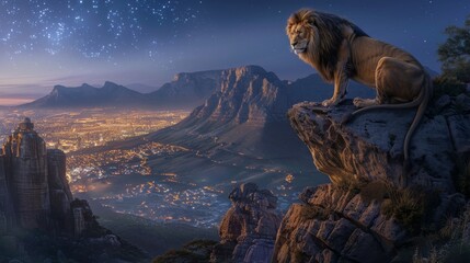 Lion predator sitting on a rock evening moon