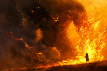 A monster with fire on its face stands in front of a burning forest