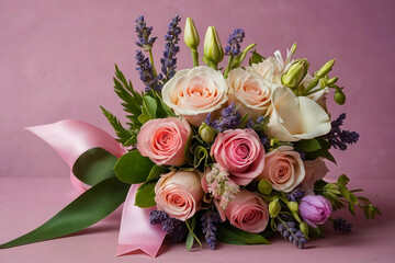 A beautiful cute wedding bouquet of roses tied with a pink ribbon lies on a pink background, green branches