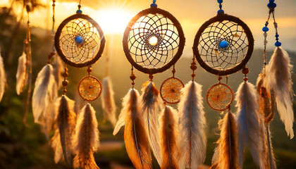 Close-up of a group of Indian dreamcatchers (dreamcatcher or dream catcher) at sunset or sunrise seen in backlight. Protection from bad dreams and guidance towards good dreams concept. Generative Ai. - obrazy, fototapety, plakaty