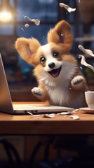 A corgi wagging its tail, accidentally hitting a coffee cup while trying to use a laptop on a low office table, 3D illustration - obrazy, fototapety, plakaty