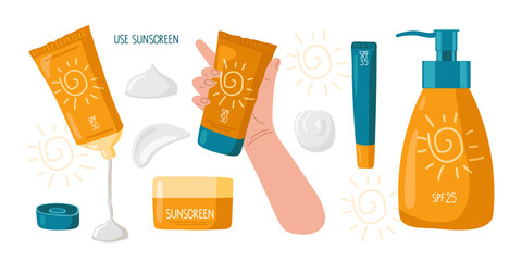 Sun protection cream set Use Sunscreen cosmetics. Moisturizing and protection for skin from solar ultraviolet light. Sunscreen cream tubes isolated on white background. Skin care and protection.
