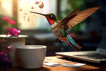 Fotobehang A hummingbird hovering near a laptop, occasionally sipping from a cup of coffee with sugar on an office desk, 3D illustration © Pungu x