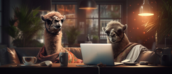 A camel resting in a lounge area of an office, with a laptop on its hump and a cup of coffee beside it on a low table, 3D illustration