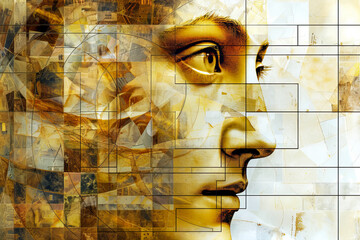A woman's face is shown in a collage of different shapes and sizes