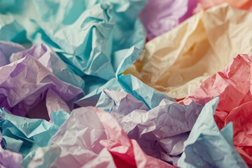 Abstract rainbow background, crumpled paper effect, pastel vibrant colors, pink, turquoise, yellow and purple.