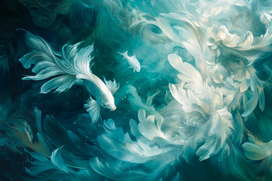 A painting of a fish swimming in a body of water with a lot of white flowers