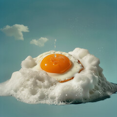 Surreal Presentation of the combination of sea foam and poached egg.Flat lay - obrazy, fototapety, plakaty