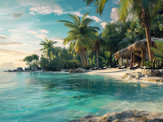 A beautiful beach with palm trees and a small hut - obrazy, fototapety, plakaty