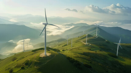A group of wind turbines are on a hillside