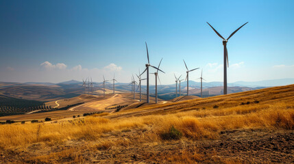 A field of wind turbines is seen in the distance