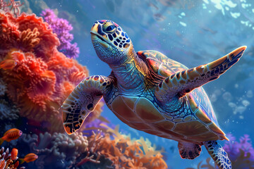 A turtle swimming in a colorful coral reef - obrazy, fototapety, plakaty