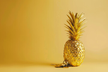 A gold pineapple sits on a yellow background - obrazy, fototapety, plakaty