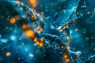 A blue and orange strand of DNA with a lot of glowing dots