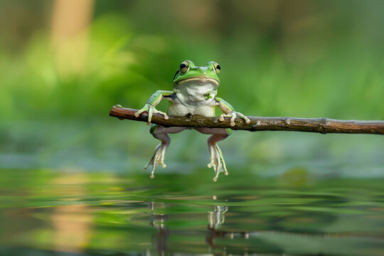 A frog is sitting on a branch over a pond