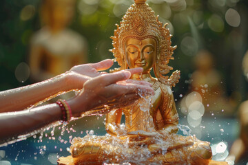 Buddha Purnima concept - water ceremony, water being poured onto Buddha statue