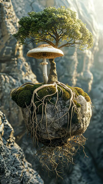A mushroom is growing on top of a tree