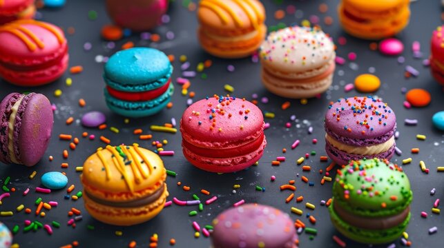 Served chocolate muffins and colorful macaroons cookies on wooden background,valentine day concept and blank space