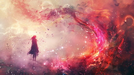 A woman stands in front of a red and pink swirl of smoke