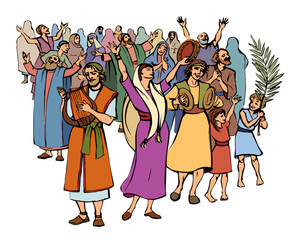 The ancient Jewish people are having fun. Vector drawing - 787100947