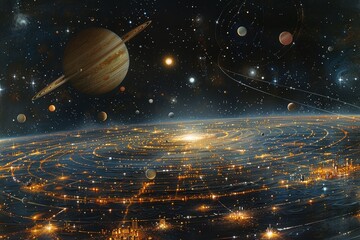 A fantastical cosmic depiction featuring an array of planets, stars, and intertwined orbits against a dark space background - obrazy, fototapety, plakaty