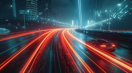 An evocative night scene of a car cruising through a city with futuristic glowing red traffic...