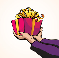 The hand gives a gift. Vector drawing