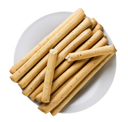Grissini sticks in a plate on a white background. Top view - 787101364