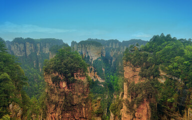 Quartzite sandstone pillars and green tree peaks and mountain scenery, Zhangjii National Park,...