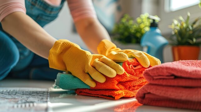 Female cleaner hands in gloves close up, housewife, woman polishing table top with cloths, spray, professional cleaning service working, lady performing home, office duties, Generative Ai