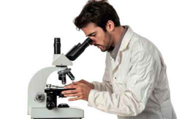 Scientist working with microscope against
.isolated on white background