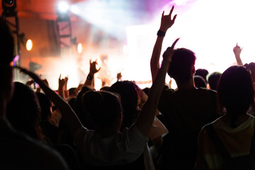 Fototapeta na wymiar People hands making rock gesture at the concert