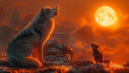 Under the luminous full moon, a wolf and a fox sit on a rock, creating a mystical atmosphere in the night sky. The landscape is illuminated by the celestial event