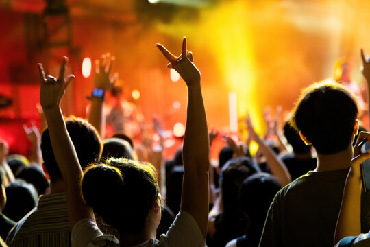 People hands making rock gesture at the concert