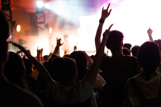 People hands making rock gesture at the concert