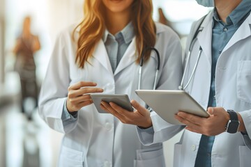 Two unrecognisable doctors reviewing tests on a tablet. Concept: medicine, emergency, health care