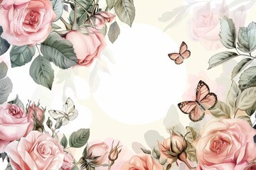 Floral Background With Pink Roses and Butterflies - obrazy, fototapety, plakaty