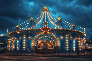 Majestic merry-go-round brightly illuminated with ornate designs stands out against the twilight sky