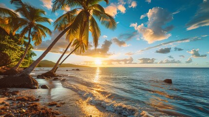 landscape of palm trees at sunset sea