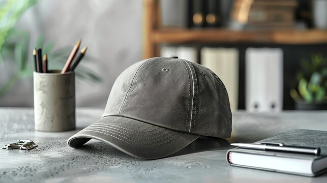 The mock up of blank baseball cap. There is a office stationaries beside it. In the background is on a concrete table. Captured in the style of product mock up photography