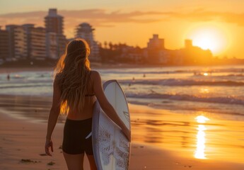 Woman Walking on Beach With Surfboard