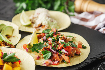 set of delicious fresh colorful tacos on a dark background